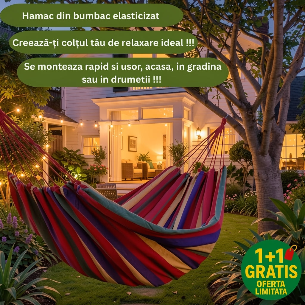 Hamac din Bumbac 150x185cm Multicolor pentru Grădină, Terasă sau Camping
