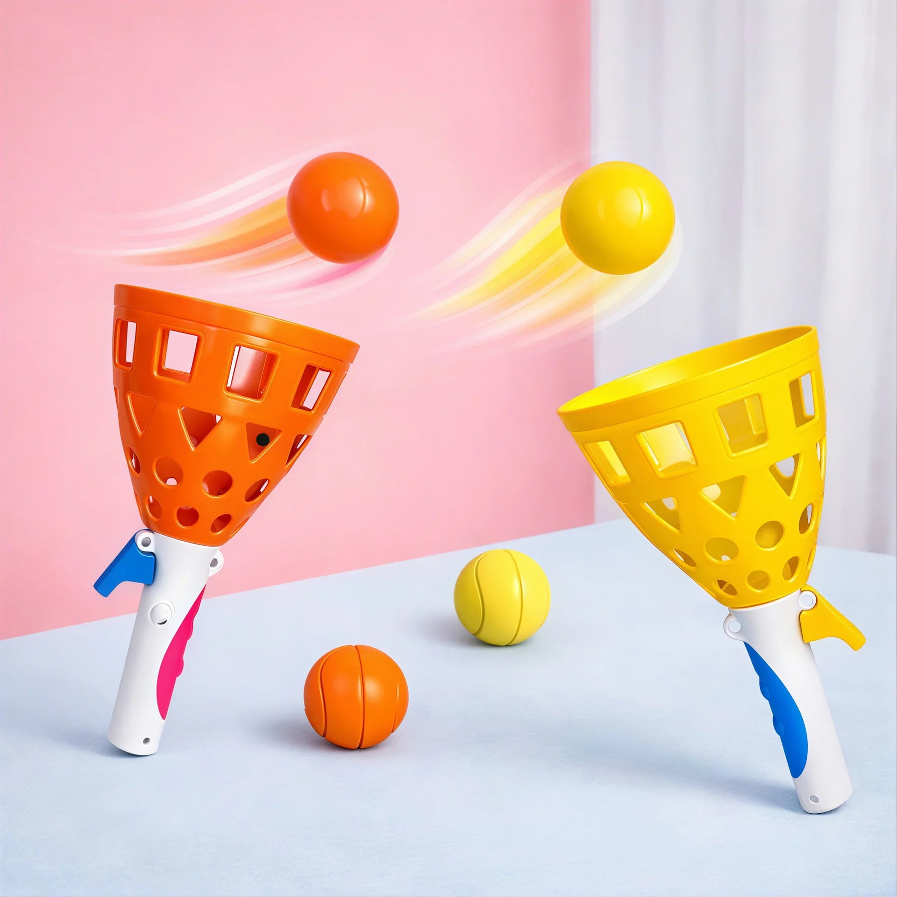 Jucărie Tip Catapultă cu Coș și Minge, Set 2 Lansatoare, 26.5cm, Plastic Rezistent