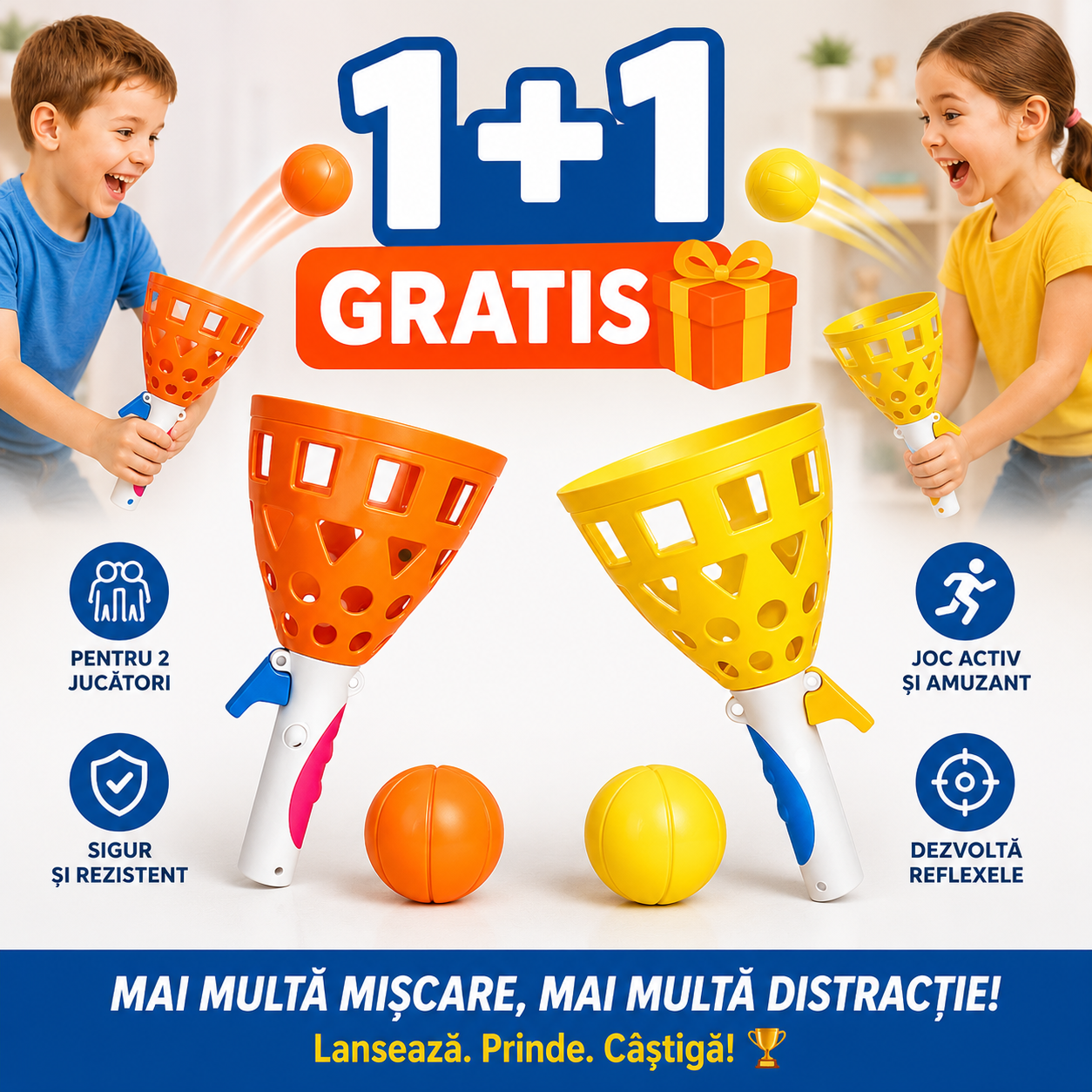 Jucărie Tip Catapultă cu Coș și Minge, Set 2 Lansatoare, 26.5cm, Plastic Rezistent