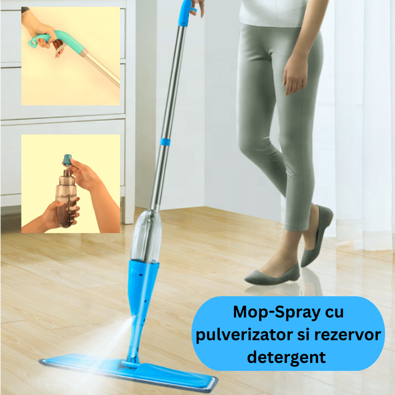 Mop Plat cu Pulverizator, Rezervor 400ml şi Lavetă Microfibră, Albastru