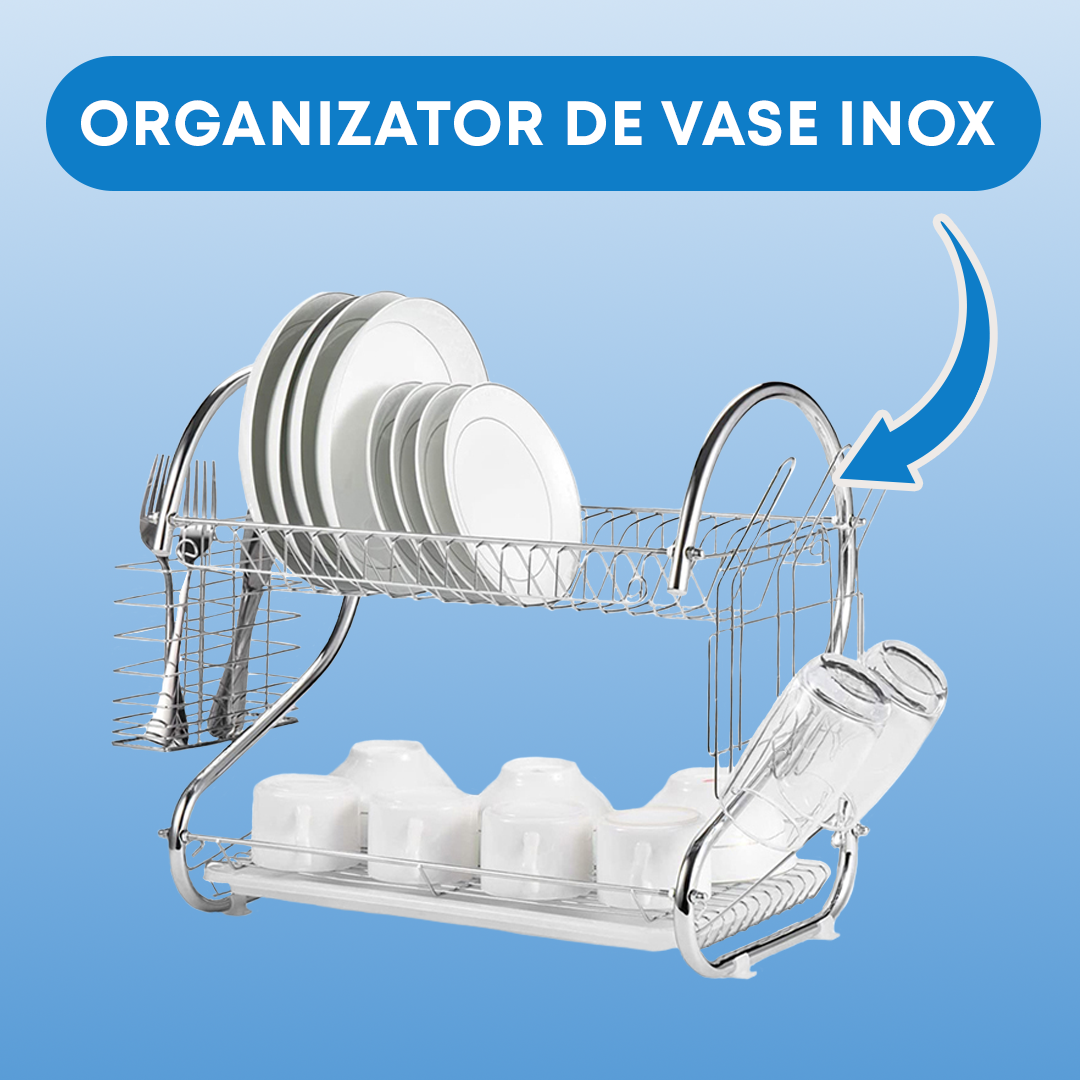 Suport de Vase din Inox cu 2 Nivele, Tavă de Scurgere și Compartimente pentru Tacâmuri și Pahare, 40.5x24x38cm
