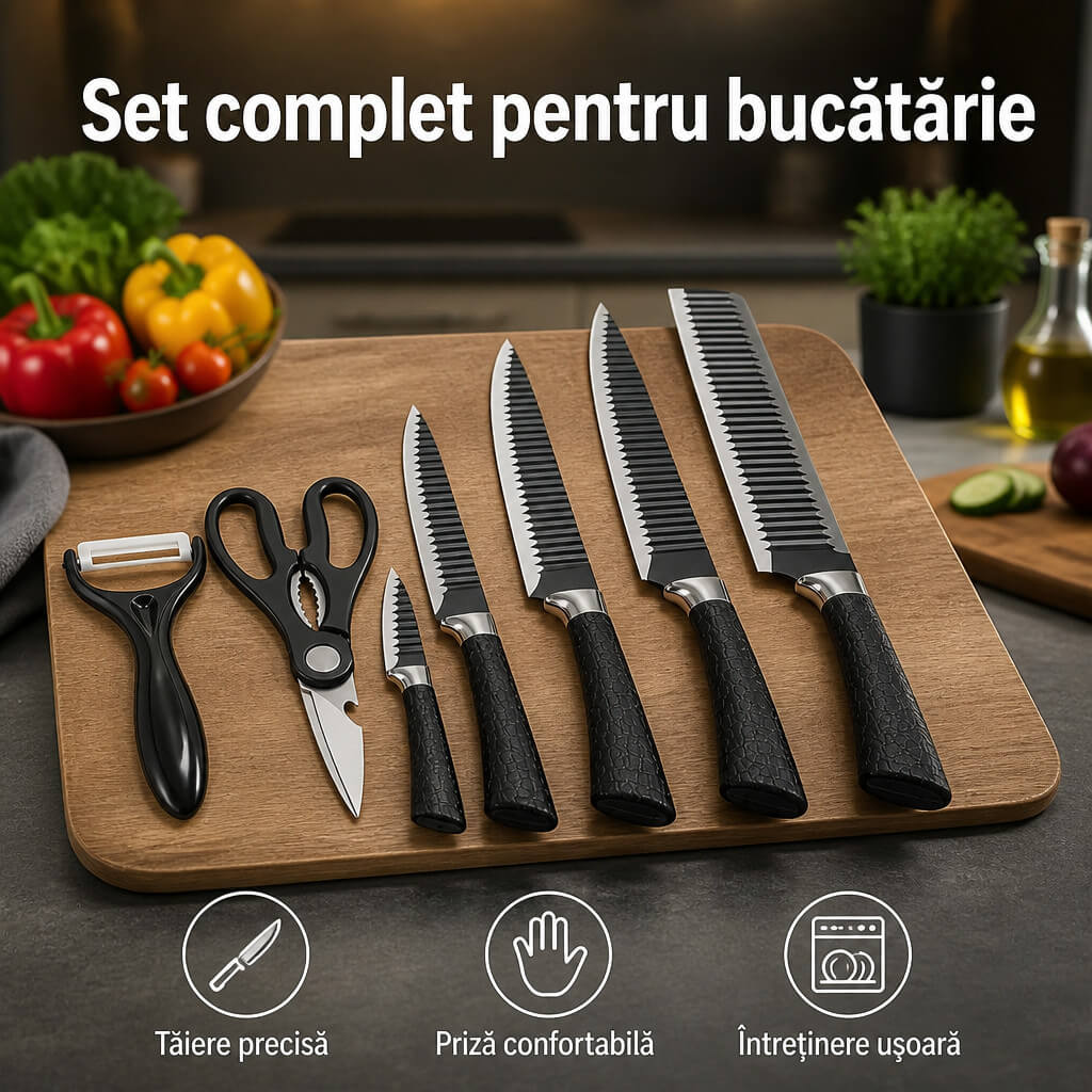 Set Cutite Elvetiene de Bucatarie 6 Piese, Lame Ondulate