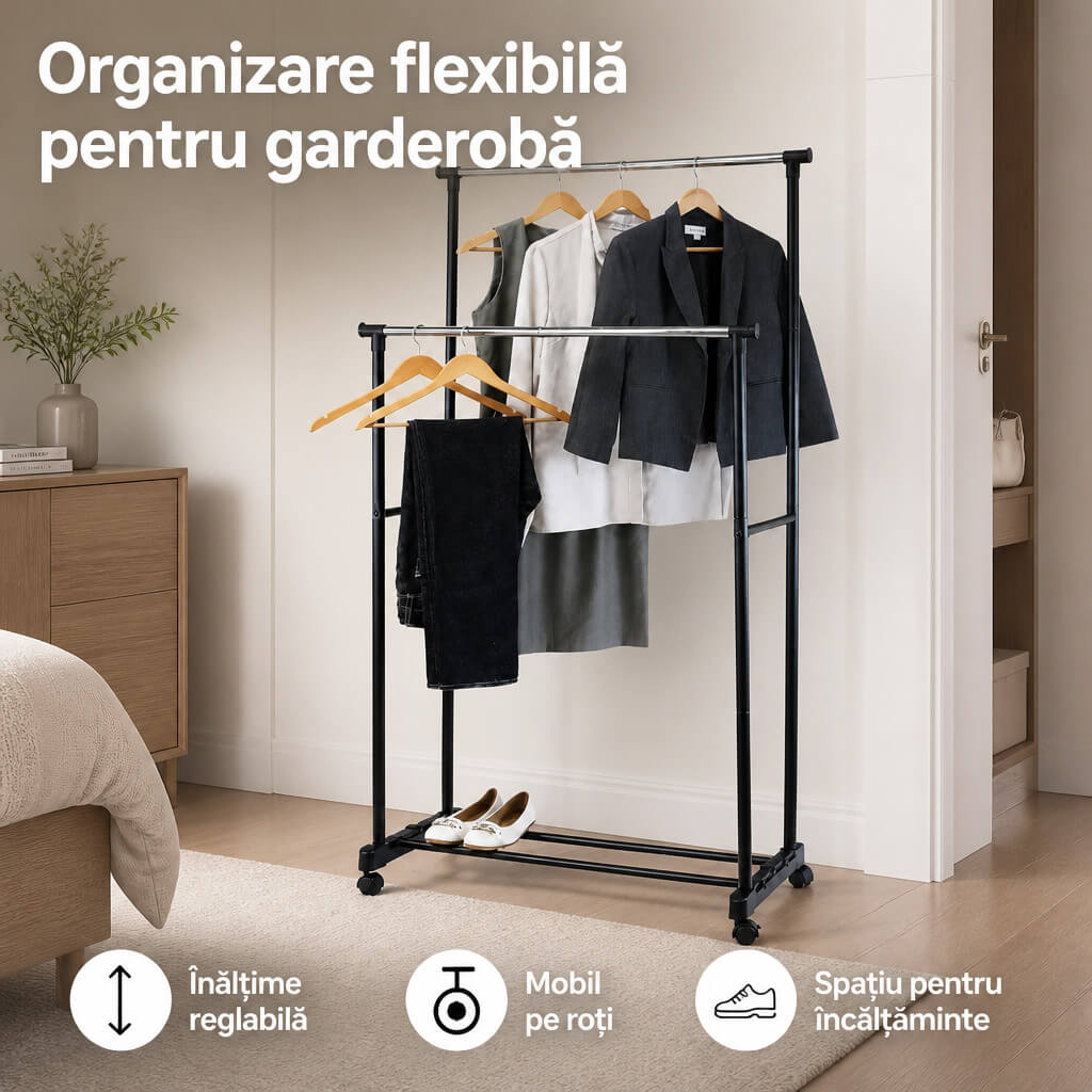 Suport metalic, dublu pe roti, pentru umerase, haine si incaltaminte, reglabil pe inaltime