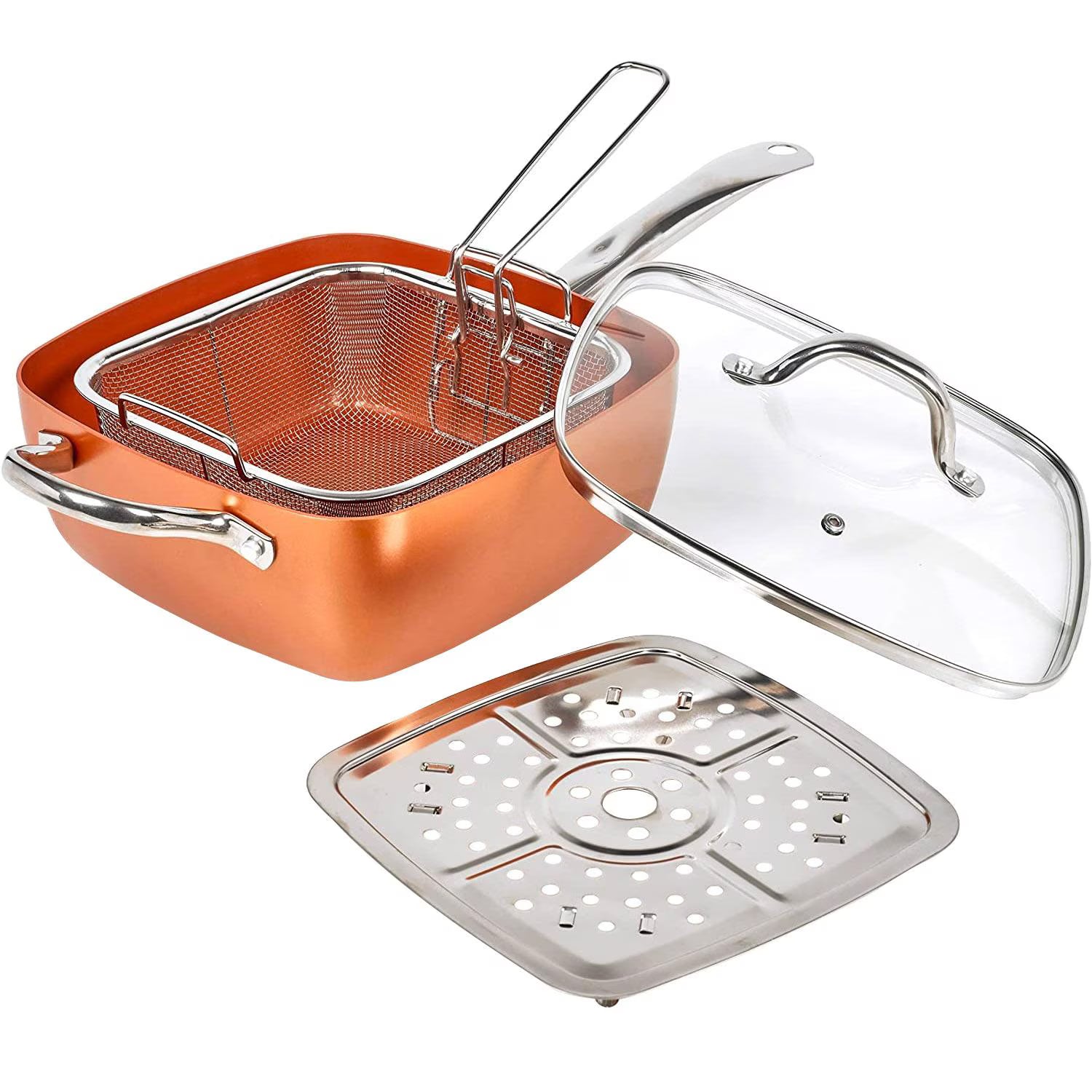 Set Tigaie Multifuncțională Bluma 5 Piese, Antiaderentă, Cu Friteuză și Grill Abur, 24x24x10 cm
