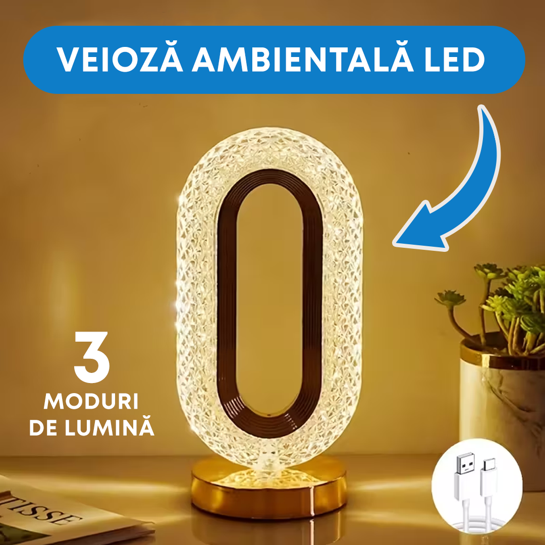 Veioză BLUMA Cristal Ovală, LED, Control Tactil, 3 Culori, Reîncărcabilă USB, 12x26cm