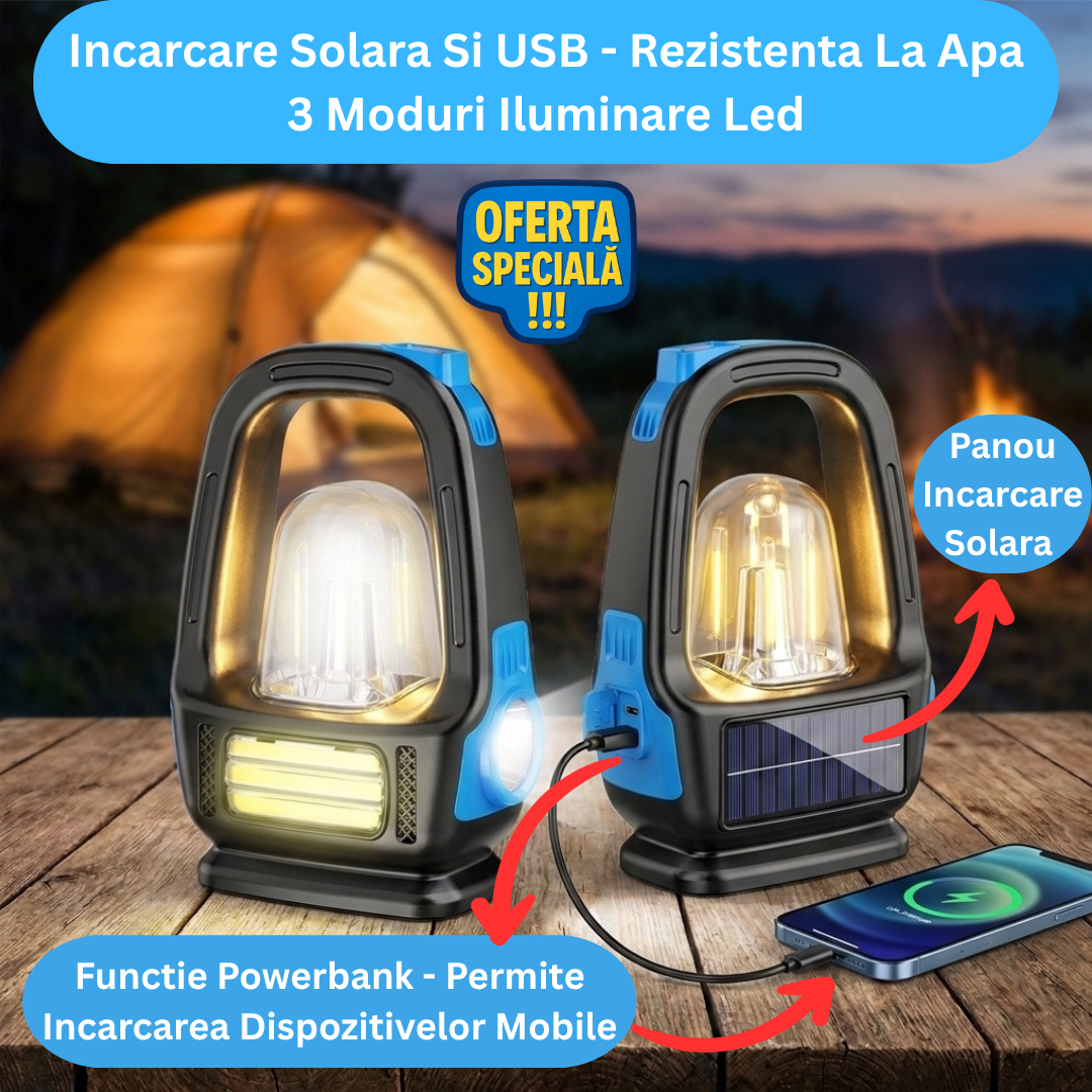 Lampă Tip Lanternă LED , Cu Incărcare Solara Plus USB,  3 Moduri, Multifuncțională