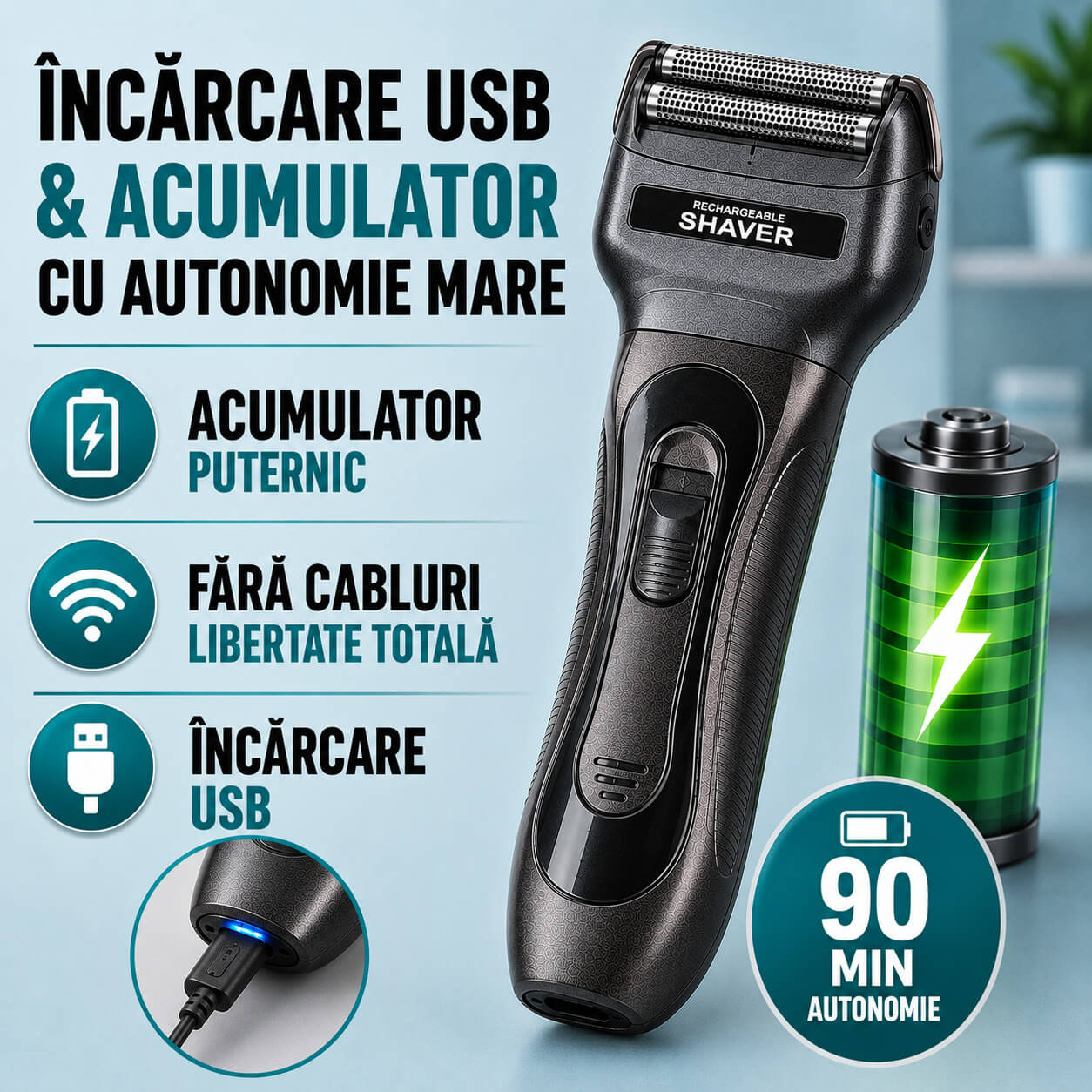 Încărcare USB și acumulator cu autonomie mare de functionare