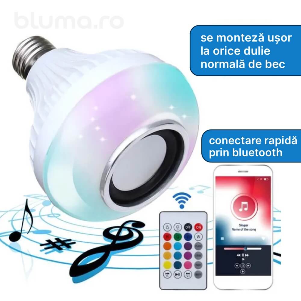 Bec Inteligent Cu Boxă Integrata , Conectare la telefon prin Bluetooth și Multiple Efecte De Lumina + Telecomandă