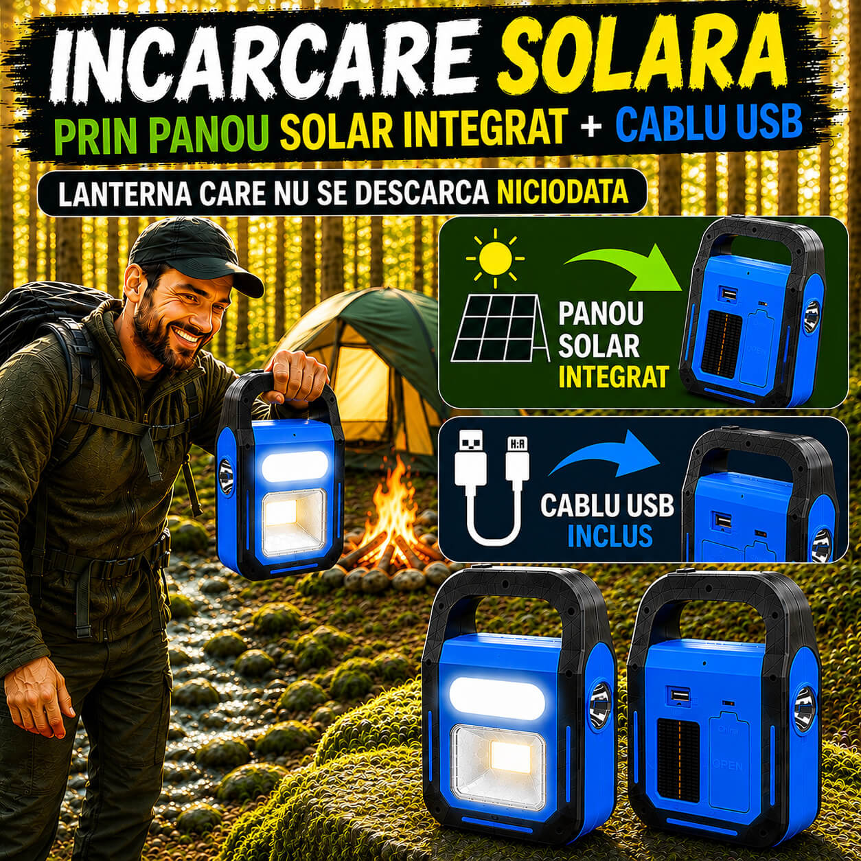 Încărcare Solară prin Panou Solar Integrat  plus cablu USB