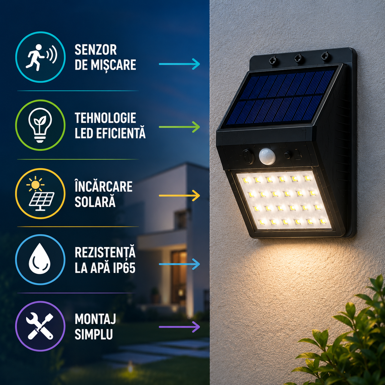 Lampa Solara LED cu Senzor de Mișcare 12x9cm, IP65, pentru Perete, Iluminat Exterior Automat