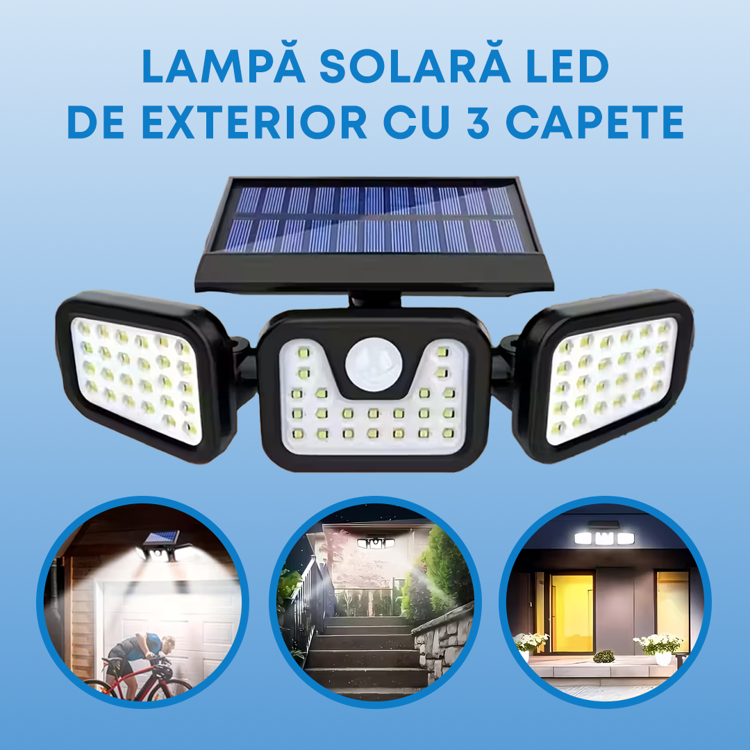 Lampa Solară LED COB 150W cu Senzor de Mișcare, IP65, Autonomie 14h, Montaj Perete, Iluminat Exterior