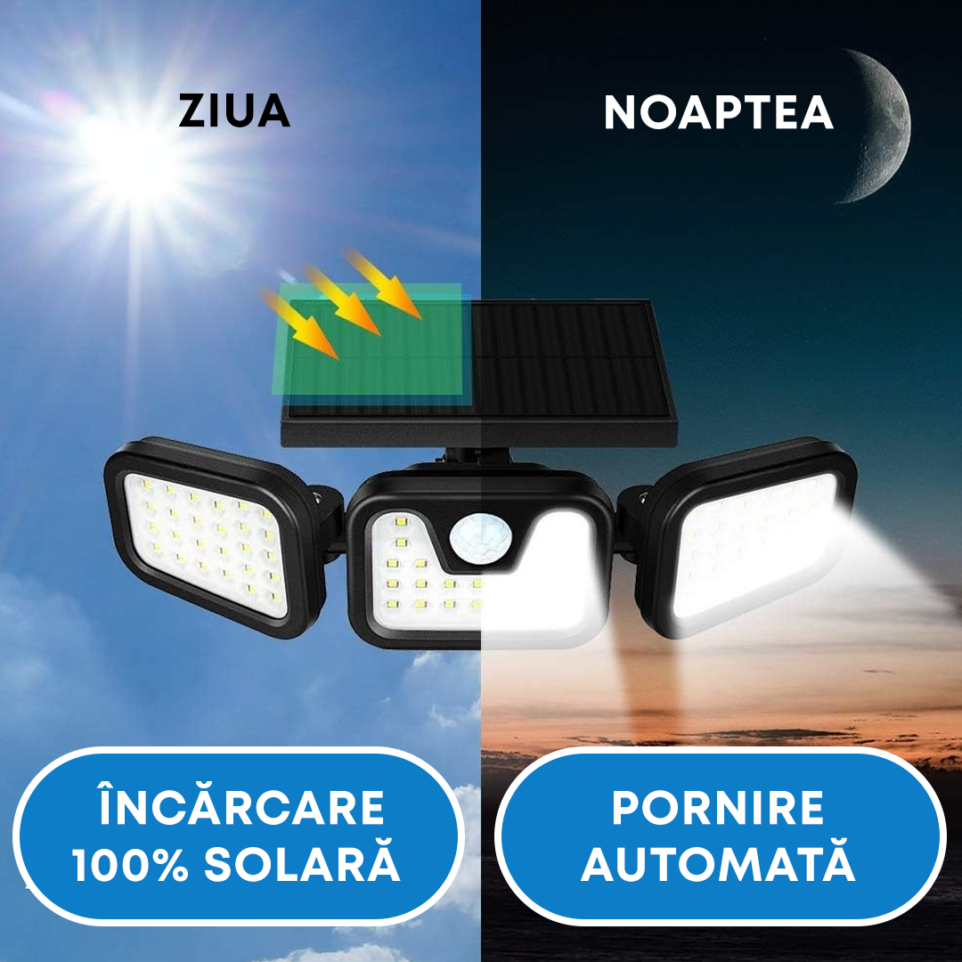 Lampa Solară LED COB 150W cu Senzor de Mișcare, IP65, Autonomie 14h, Montaj Perete, Iluminat Exterior