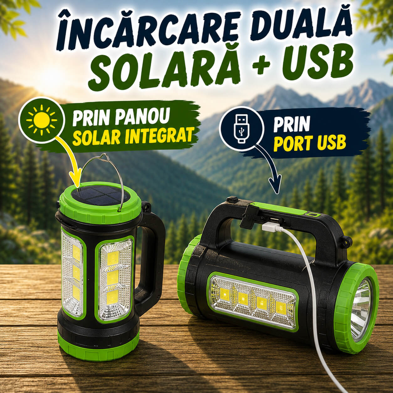 Incărcare solară prin Panou Solar Integrat și prin cablu USB