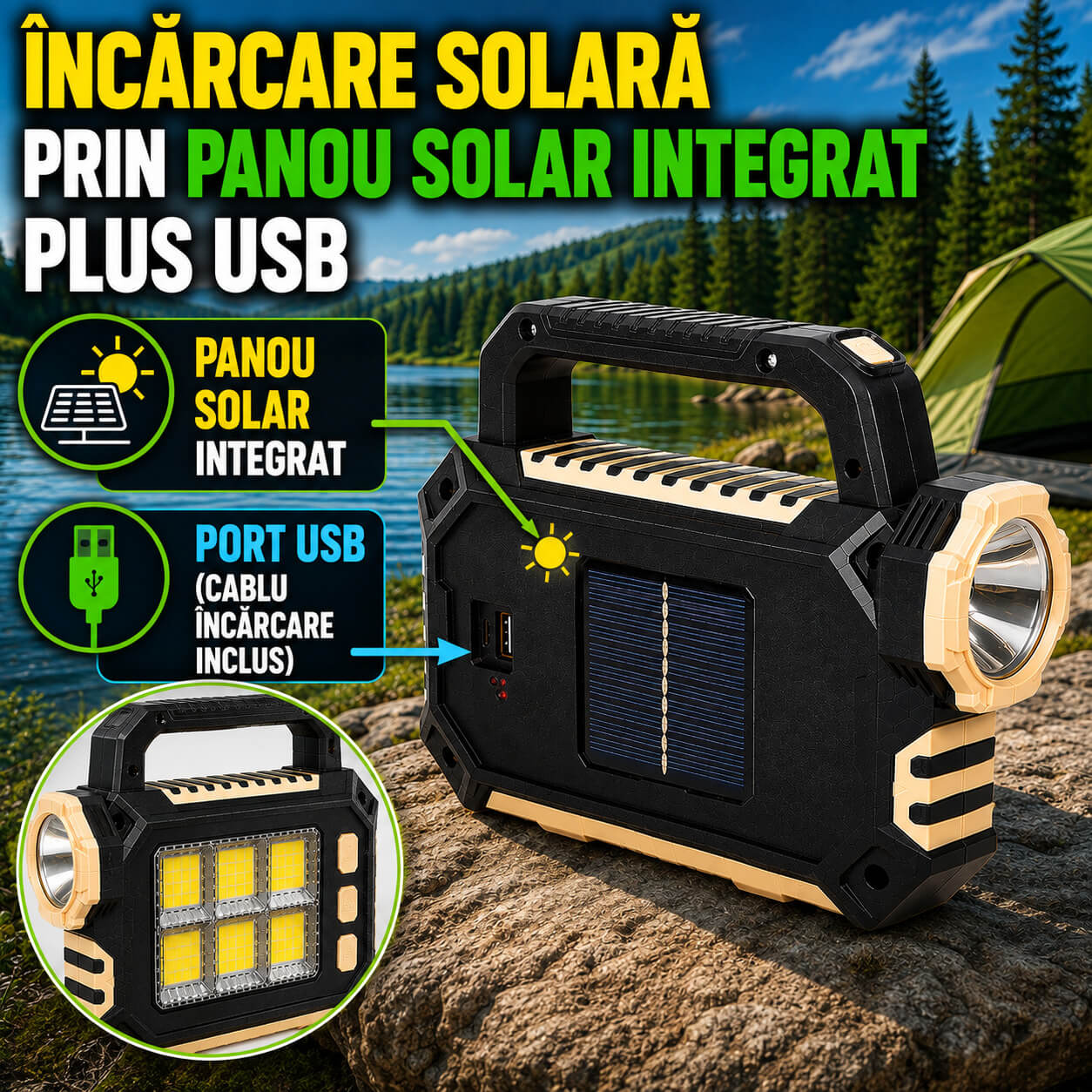 Încărcare Solară prin Panou Solar Integrat plus USB 