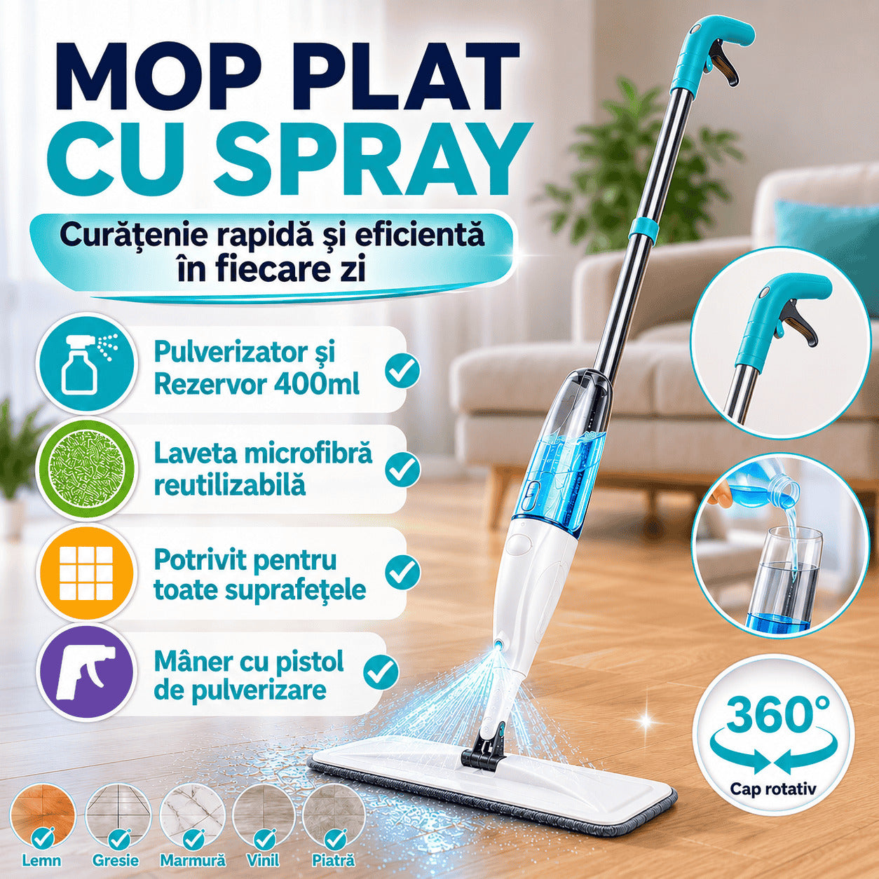 Mop Plat cu Pulverizator, Rezervor 400ml şi Lavetă Microfibră