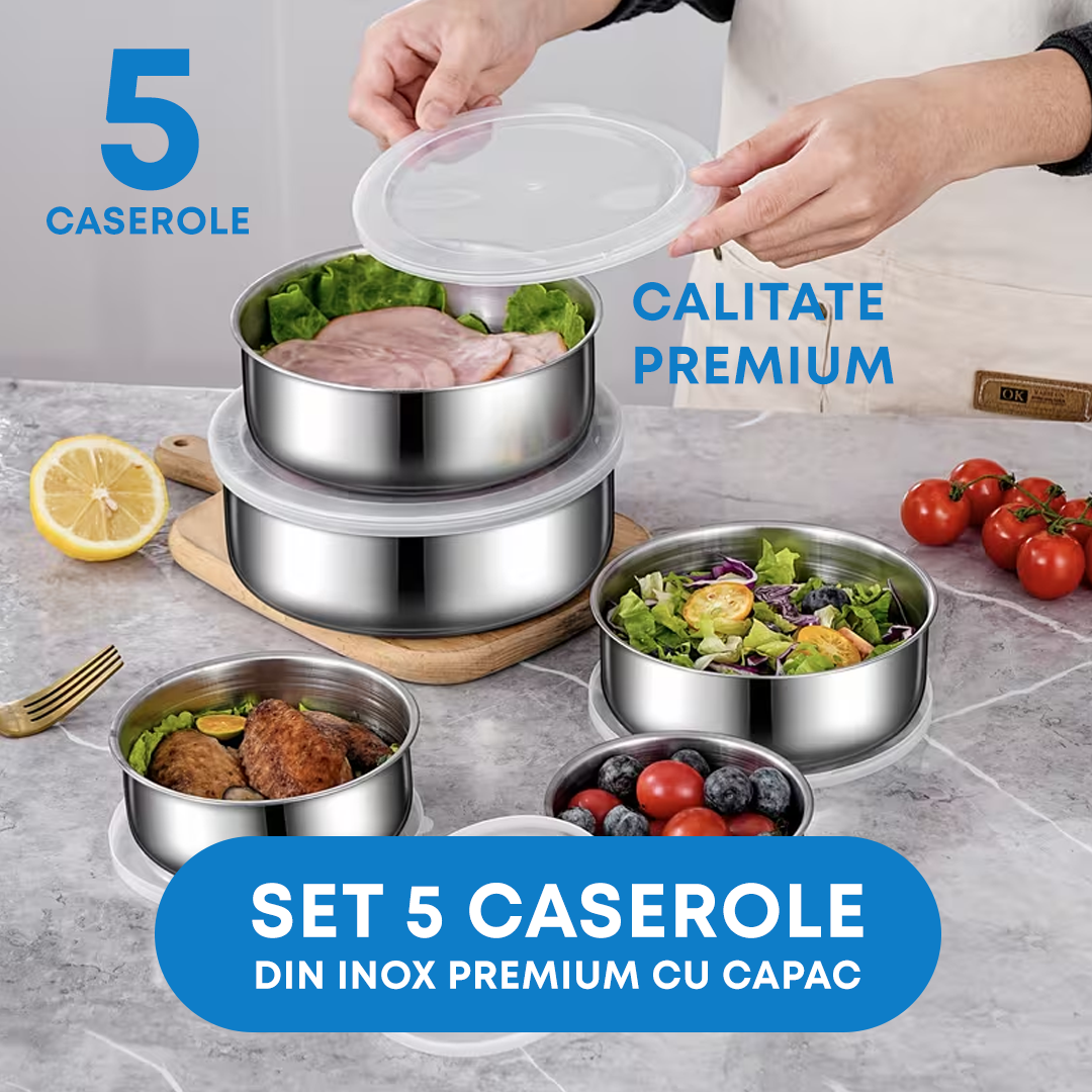 Set 5 Caserole Metalice cu Capac Transparent, Inox, Diverse Dimensiuni