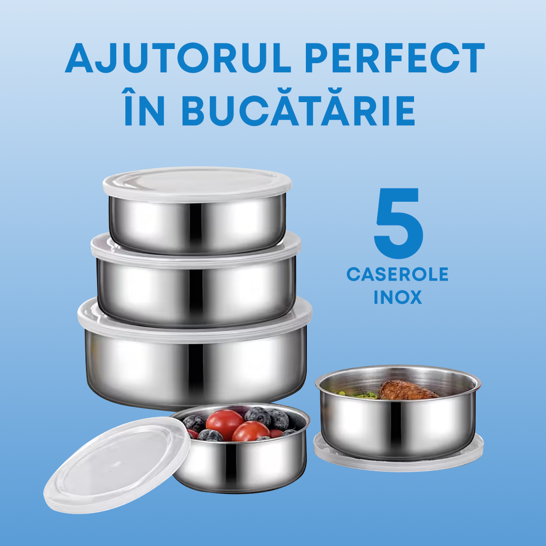 Set 5 Caserole Metalice cu Capac Transparent, Inox, Diverse Dimensiuni