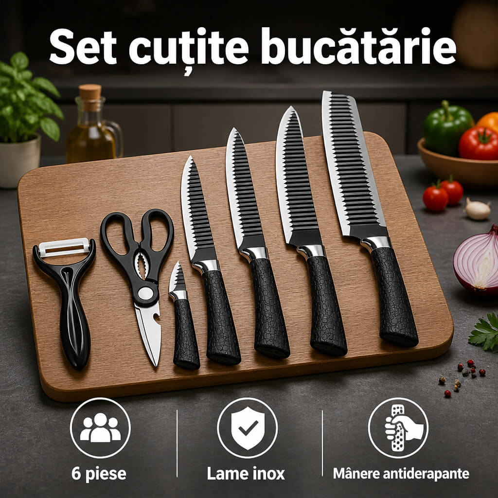 Set Cutite Elvetiene de Bucatarie 6 Piese, Lame Ondulate