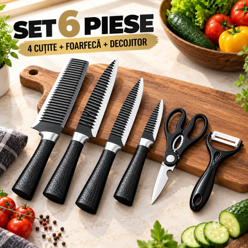 Set 6 piese : 4 cutite, foarfeca bucatarie si decojitor