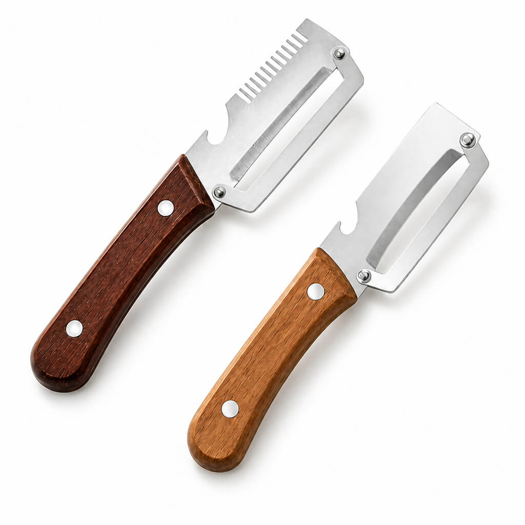 Set de 2 cutite Curatator de Fructe/Legume , Desfacator de Sticle integrat , Multifunctional, Maner de Lemn