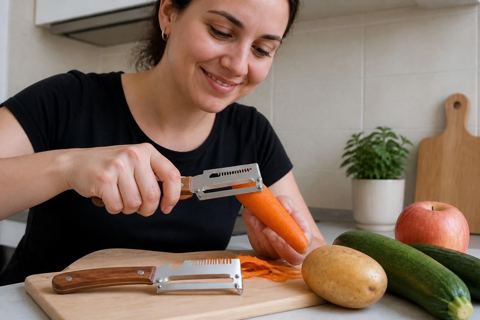 Set de 2 cutite Curatator de Fructe/Legume , Desfacator de Sticle integrat , Multifunctional, Maner de Lemn