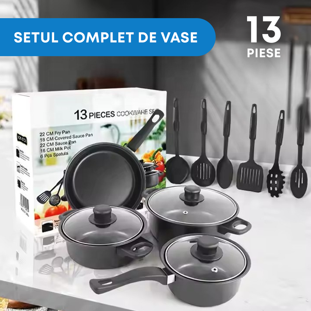 Set Vase de Gatit Antiaderent 13 Piese, Oale si Tigaie cu Capace Sticla, Ustensile Rezistente, Compatibil Inductie, Negru
