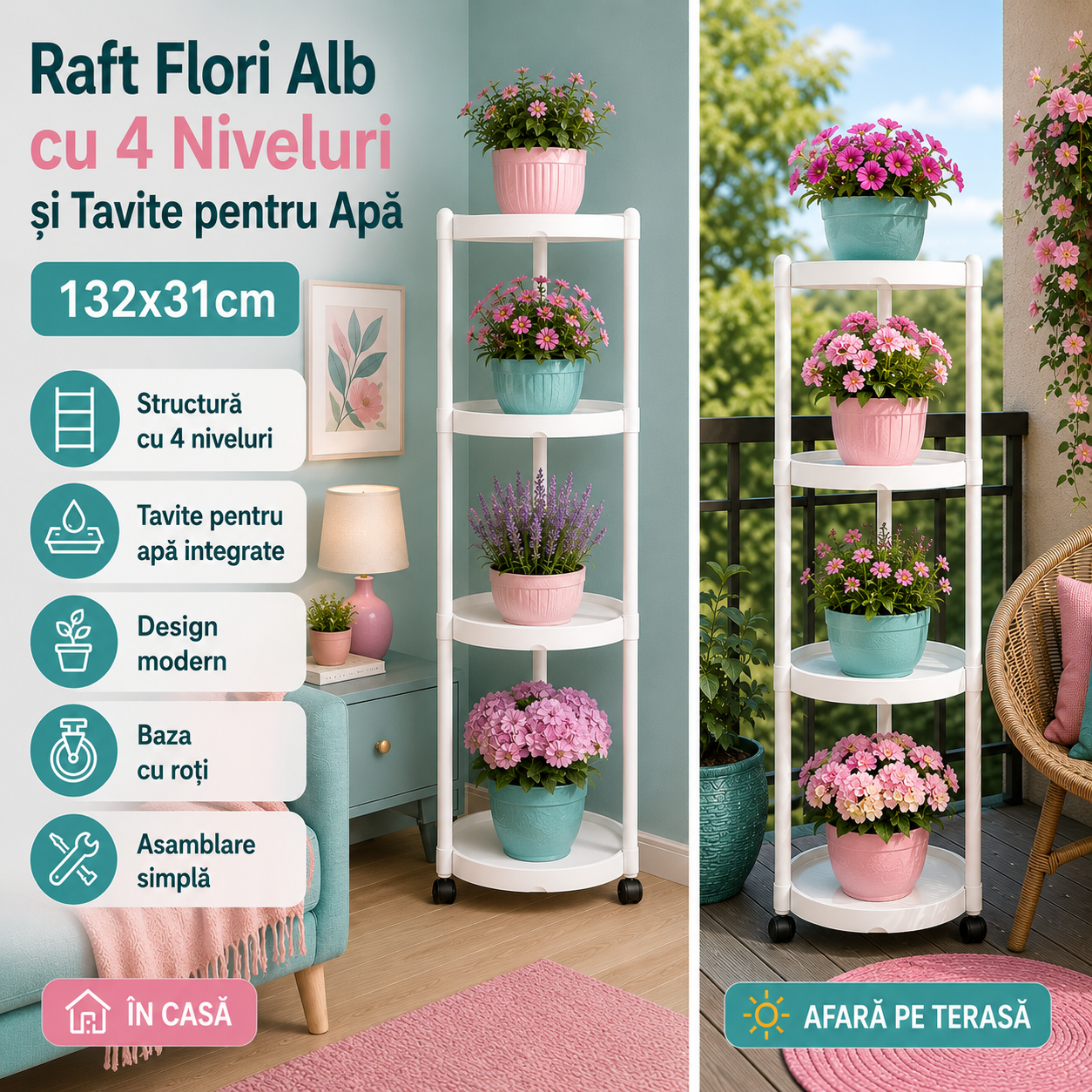 Raft Flori Alb cu 4 Niveluri și Tavite pentru Apă, 132x31cm