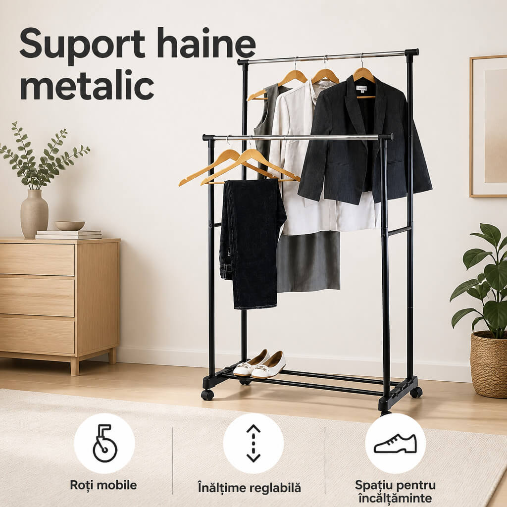 Suport metalic, dublu pe roti, pentru umerase, haine si incaltaminte, reglabil pe inaltime