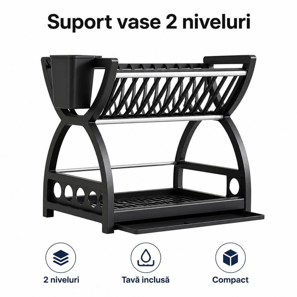 Suport de vase si tacamuri multifuncțional cu 2 niveluri plus tavă de scurgere