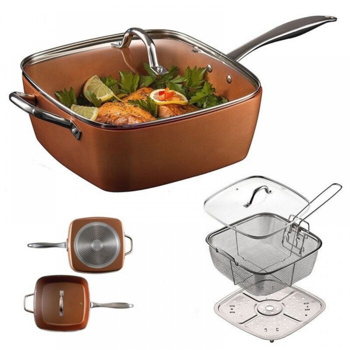 Set Tigaie Multifuncțională Bluma 5 Piese, Antiaderentă, Cu Friteuză și Grill Abur, 24x24x10 cm