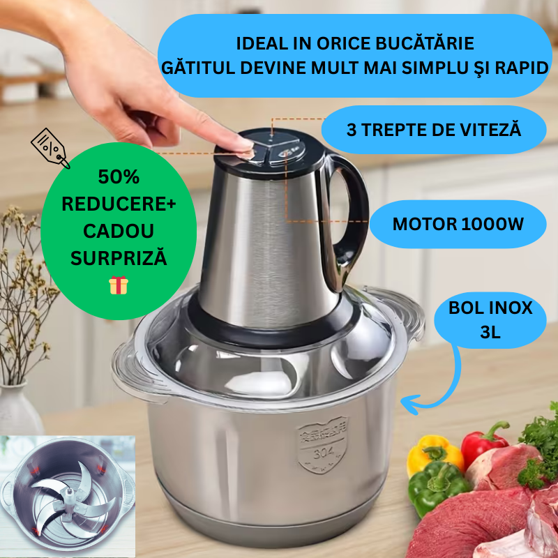 Tocator Electric Universal 1000W, Bol Inox 3L, 4 Lame, 3 Viteze, Pulse