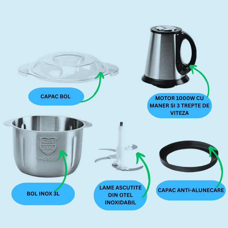 Tocator Electric Universal 1000W, Bol Inox 3L, 4 Lame, 3 Viteze, Pulse