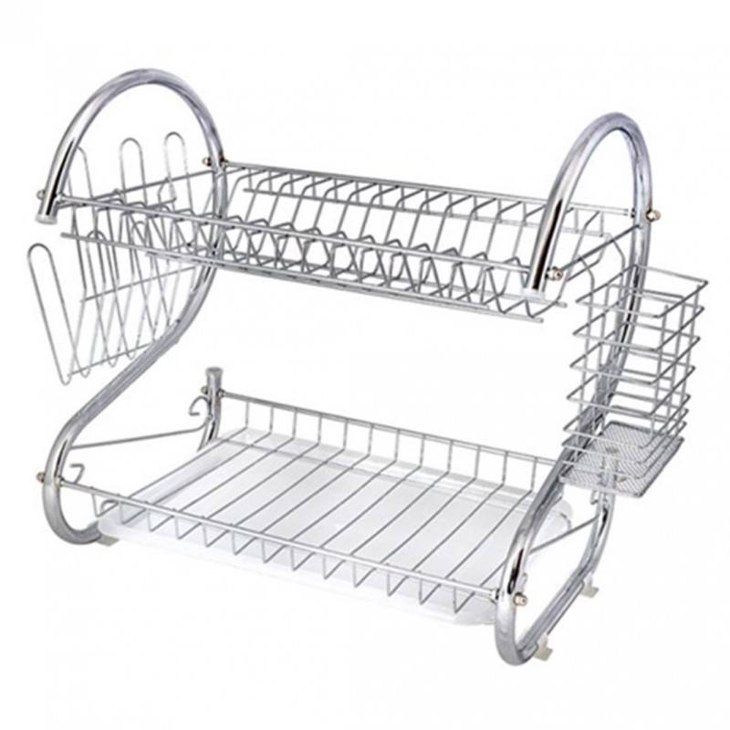 Suport de Vase din Inox cu 2 Nivele, Tavă de Scurgere și Compartimente pentru Tacâmuri și Pahare, 40.5x24x38cm